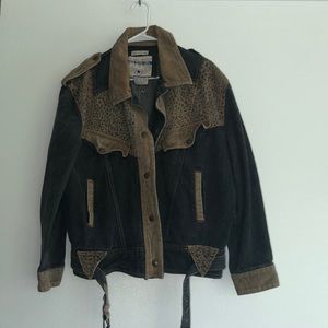 Vintage black denim jacket leopard detail